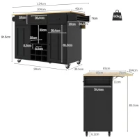 Desserte de cuisine avec plateau rabattable, 3 tiroirs, 2 portes, casier à bouteilles et porte-serviette, 124x40/65x91,5 cm, Noir(m-3)
