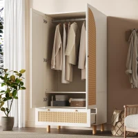 Armadio portaoggetti a 2 ante con frontale in rattan, ampio cassetto, ripiani regolabili e barra appendiabiti, 85.5x52x180.5 cm, Bianco(m-5)