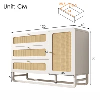 Cassettiera 3 cassetti in rattan dallo stile country con maniglie dorate e 1 anta, 120x40x85 cm, Bianco(m-3)