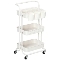 HOMCOM Carrello Cucina Multiuso a 3 Livelli con Cestini e Ganci Rimovibili, Ripiano con 12 Divisori, Bianco(m-10)