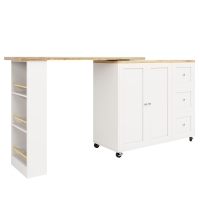 Isla de cocina extensible giratoria 360°, con 3 cajones, 2 puertas y estantería lateral para aperitivos, 135-203x39x106 cm, Blanco