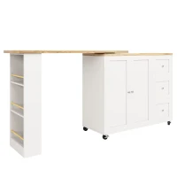 360° drehbare ausziehbare Kücheninsel, mit 3 Schubladen, 2 Türen und seitlichem Snackregal, 135-203 x 39 x 106 cm, Weiß(m-1)