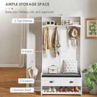 HOMCOM 2 w 1 wieszak na ubrania, wieszak na ubrania z 4 wieszakami, garderoba z ławką na buty i półkami, wieszak na ubrania z zabezpieczeniem antyprzechyleniowym, do przedpokoju, korytarza, sypialni, biały + szary(m-4)