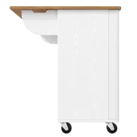 Isla de cocina móvil con encimera abatible, 3 puertas, toallero y estante para especias, 130x45/75x92 cm, Blanco(m-9)