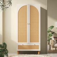 Armadio portaoggetti a 2 ante con frontale in rattan, ampio cassetto, ripiani regolabili e barra appendiabiti, 85.5x52x180.5 cm, Bianco(m-4)