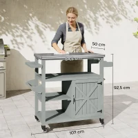 Outsunny Garten-Servierwagen Grillwagen auf Rollen mit Edelstahlplatte 107x49,5x92,5cm grau(m-3)