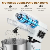 HOMCOM Batedeira Planetária 6L 1400W com Cabeçal Inclinável, 6 Velocidades, Função de Fermentação, Ecrã LED, Branco(m-4)