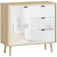 HOMCOM Aparador de Sala Moderno com 3 Gavetas Prateleira Ajustável e Pés em Madeira 80x35x77 cm Branco Brilhante e Carvalho(m-1)