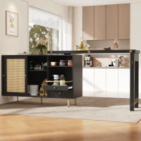 360° giratorio mesa alta de diseño extensible con tablero abatible, armario de almacenamiento con puerta de ratán + estantería abierta, 107x40x71,4 cm, Negro(m-6)