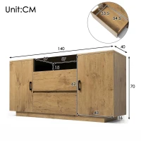 Comodă-sideboard cu 2 sertare, 2 dulapuri cu înălțime reglabilă și compartiment deschis, 140x40x70 cm, Culoare naturală(m-3)