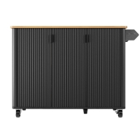 Isla de cocina móvil con encimera abatible, 3 puertas, toallero y estante para especias, 130x45/75x92 cm, Negro