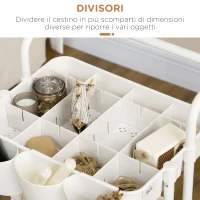HOMCOM Carrello Cucina Multiuso a 3 Livelli con Cestini e Ganci Rimovibili, Ripiano con 12 Divisori, Bianco(m-6)
