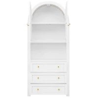 Armario alto con arco de almacenaje con 3 cajones, puertas y estante expositor abierto, para cocina y salón, 70x35x180 cm, Blanco(m-8)