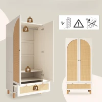 Armadio portaoggetti a 2 ante con frontale in rattan, ampio cassetto, ripiani regolabili e barra appendiabiti, 85.5x52x180.5 cm, Bianco(m-6)