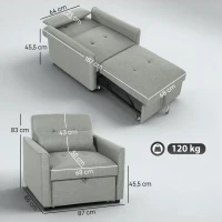 HOMCOM 3-in-1 slaapfauteuil, uitschuifbare sofabed-fauteuil met verstelbare rugleuning, grijs(m-3)