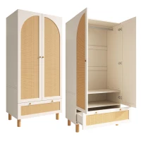 Armadio portaoggetti a 2 ante con frontale in rattan, ampio cassetto, ripiani regolabili e barra appendiabiti, 85.5x52x180.5 cm, Bianco(m-11)