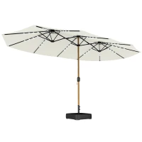Outsunny Umbrelă dublă de grădină 4,6x2,6 m cu 48 LED-uri bază inclusă manivelă saci cu nisip anti-UV crem(m-1)