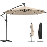 Outsunny Sombrilla de brazo lateral LED Solar aprox. Ø300 cm giratoria Parasol con manivela Soporte Funda Beige(m-7)