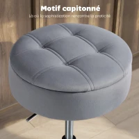 HOMCOM Tabouret de bar, chaise de bar avec rangement et base en métal, assise velours capitonné, 39 x 39 x 49-65 cm, gris(m-7)