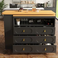 Mesa de bar extensible con 360°-función giratoria, 6 cajones y estante lateral para aperitivos, 137-203x39x90 cm, Negro(m-5)