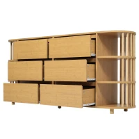 Cómoda aparador, 6 cajones & estantes abiertos, diseño romano con columnas & estantes-bambú, 160x40x75 cm, Color natural(m-9)