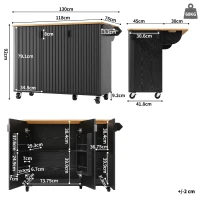 Îlot de cuisine mobile avec plan de travail rabattable, 3 portes, porte-serviettes et étagère à épices, 130x45/75x92 cm, Noir(m-3)
