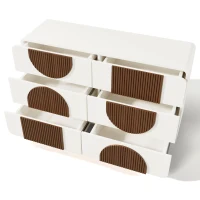 Cómoda con 6 cajones, con listones de madera color chocolate y patas esféricas de madera maciza blancas, 121x41x71 cm, Blanco(m-10)