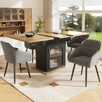 Mesa de comedor extensible con 3 niveles de almacenaje y puertas de vidrio, 110-140x80x76 cm, Negro(m-5)