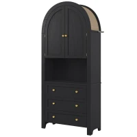 Armario alto con arco de almacenaje con 3 cajones, puertas y estante expositor abierto, para cocina y salón, 70x35x180 cm, Negro(m-1)