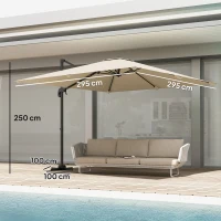 Outsunny Parasol desplazado cuadrado 3 x 3 m, parasol de jardín exterior, rotación 360°, inclinable 5 posiciones, base cruzada, kaki(m-3)