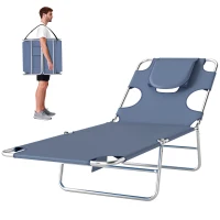 Outsunny Foldable Sun Lounger, Beach Chaise Lounge with Reading Hole, Arm Slots, 5-Position Adjustable Backrest, Side Pocket, Pillow for Garden, Beach, Pool, Grey(m-11)