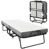 HOMCOM Lit pliant 1 personne 200 x 80 cm avec matelas, lit d'appoint pliable et portable sur roulettes, cadre en acier, blanc(m-1)