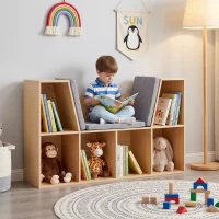 HOMCOM Kinderboekenkast 2-in-1 Kinderrek Speelbank 103 cm incl. Kussens Grijs Naturel(m-13)
