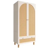 Armadio portaoggetti a 2 ante con frontale in rattan, ampio cassetto, ripiani regolabili e barra appendiabiti, 85.5x52x180.5 cm, Bianco(m-12)
