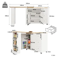360° drehbare ausziehbare Kücheninsel, mit 3 Schubladen, 2 Türen und seitlichem Snackregal, 135-203 x 39 x 106 cm, Weiß(m-3)
