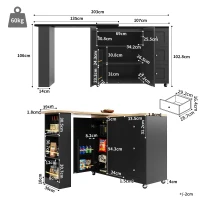 360° drehbare ausziehbare Kücheninsel, mit 3 Schubladen, 2 Türen und seitlichem Snackregal, 135-203 x 39 x 106 cm, Schwarz(m-3)