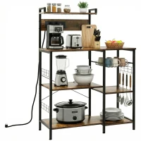 HOMCOM Raft de bucătărie cu priză multiplă pentru microunde, cu rafturi și coș din plasă, 90x42x130cm, maro(m-13)