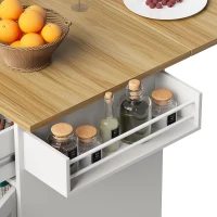 Desserte de cuisine avec plateau rabattable, 3 tiroirs, 2 portes, casier à bouteilles et porte-serviette, 124x40/65x91,5 cm, Blanc(m-7)