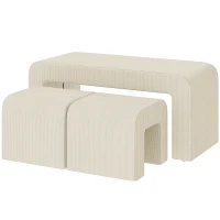 HOMCOM Juego de 3 Bancos Zapateros Grande y 2 Pequeños Modernos de Pana Diseño Compacto Mesa Auxiliar 104x44x48 cm Crema(m-11)