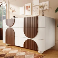 Cómoda con 6 cajones, con listones de madera color chocolate y patas esféricas de madera maciza blancas, 121x41x71 cm, Blanco(m-4)