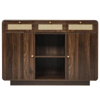 Kommode, 3 Schubladen + 2 Schränke mit offenem Mittelregal und Rattan-Fronten, 120 x 40 x 85 cm, Braun(m-1)