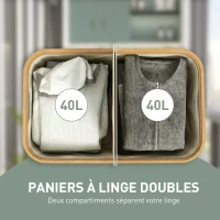 HOMCOM Panier à linge double pliable 80 L corbeille à linge sale avec couvercle, poignées rainurées, beige(m-4)