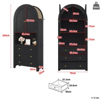 Armario alto con arco de almacenaje con 3 cajones, puertas y estante expositor abierto, para cocina y salón, 70x35x180 cm, Negro(m-3)