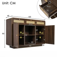 Kommode, 3 Schubladen + 2 Schränke mit offenem Mittelregal und Rattan-Fronten, 120 x 40 x 85 cm, Braun(m-3)