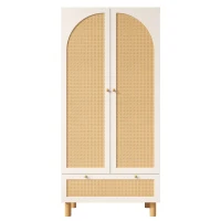 Armadio portaoggetti a 2 ante con frontale in rattan, ampio cassetto, ripiani regolabili e barra appendiabiti, 85.5x52x180.5 cm, Bianco(m-2)