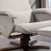 HOMCOM Linen Swivel Recliner Chair with Footstool, Upholstered Reclining Armchair with Wooden Base for Living Room, Light Grey(m-12)