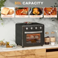 HOMCOM Mini Piekarnik z termoobiegiem 30 L 1600W 90-230℃ z timerem 60 min, wewnętrznym oświetleniem, tacką na okruchy, blachą do pieczenia, rusztem grillowym, koszem do smażenia, piekarnik do pizzy, czarny(m-4)