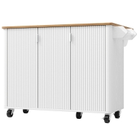 Isla de cocina móvil con encimera abatible, 3 puertas, toallero y estante para especias, 130x45/75x92 cm, Blanco