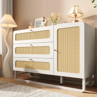 Cassettiera 3 cassetti in rattan dallo stile country con maniglie dorate e 1 anta, 120x40x85 cm, Bianco(m-4)