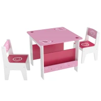 AIYAPLAY Set Tavolo con 2 Sedie per Bambini 3-8 Anni, Tavolino con Scaffale in Legno MDF con Disegni a Cuori, Rosa(m-1)